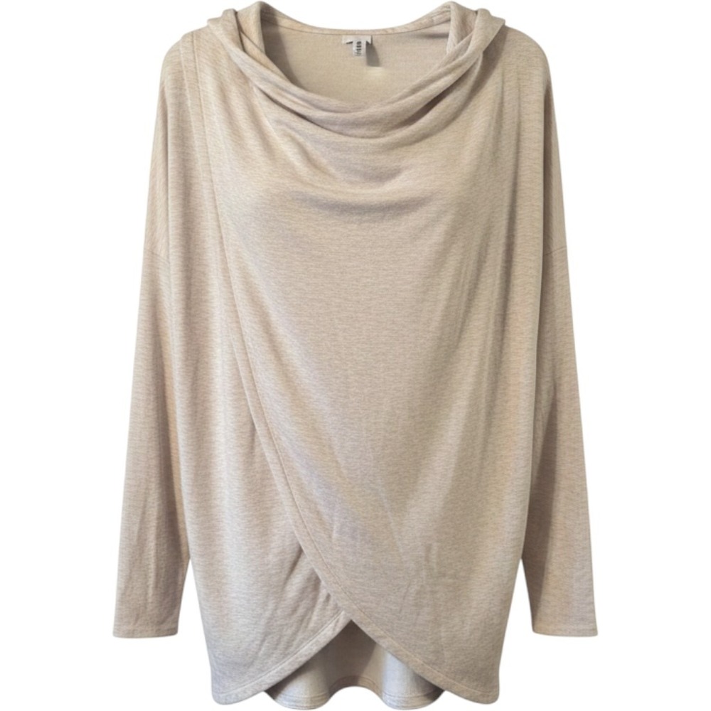 Athleta Purana wrap hoodie L Oatmeal Draped Wrap Tulip Hem Thumbholes Cozy